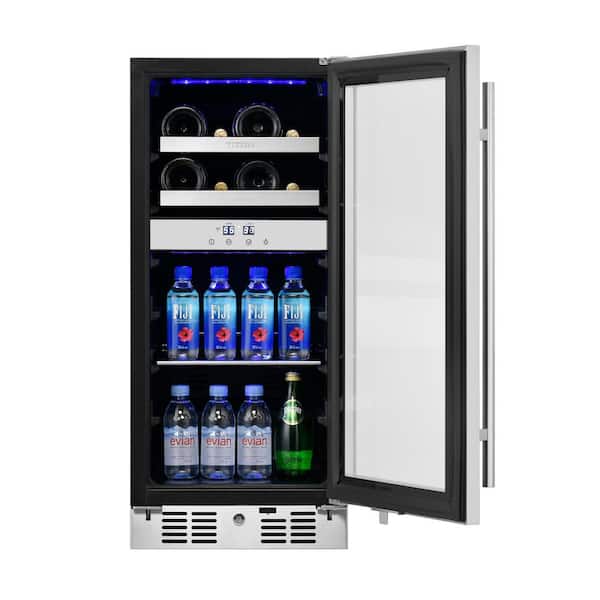Signature 15 in. 8-Bottle and 40-Can Stainless Steel Single Door Dual Zone Built-In Wine and Beverage Cooler