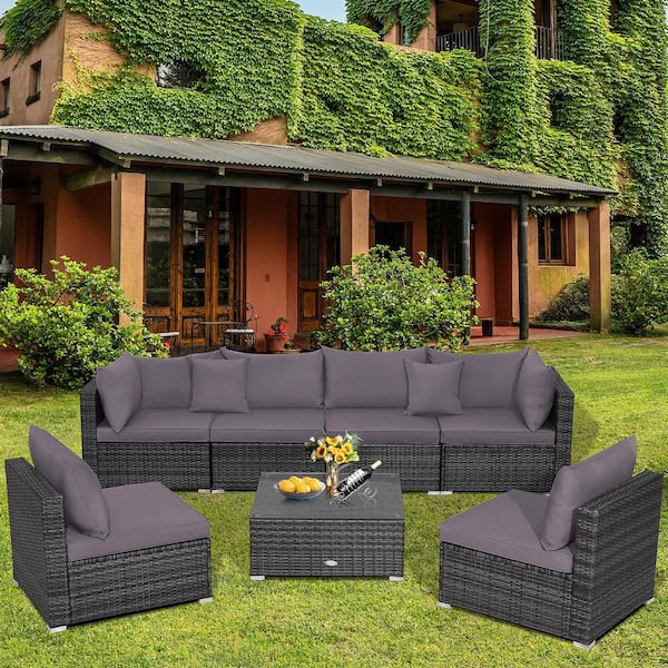 7-Piece Wicker Outdoor Patio Rattan Sectional Sofa Set Furniture Set with Gray Cushions