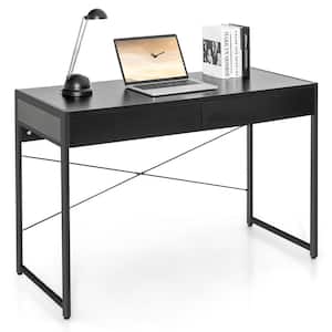 44 in. Rectangular Computer Desk Metal Frame Study Table Home Office Workstation w/2 Drawers Black
