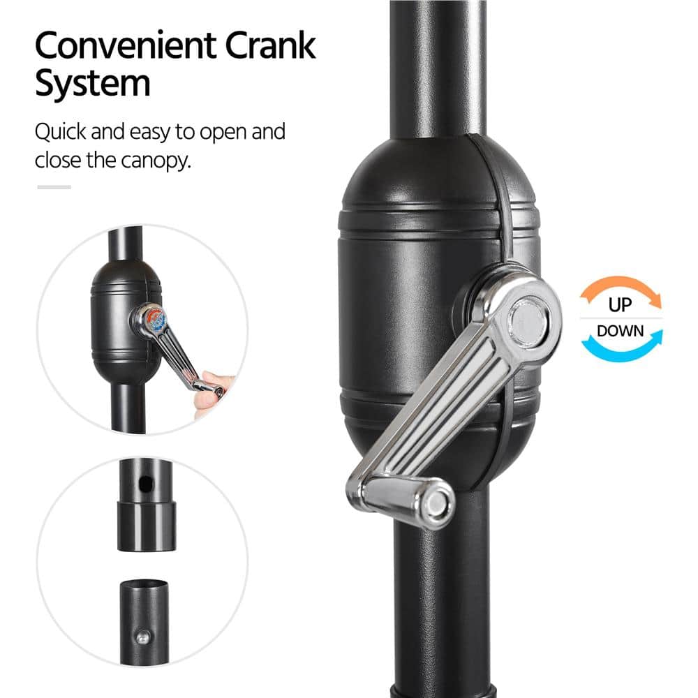 Gray 9 ft. Round Market Umbrella with Crank Lift and Push Button Tilt