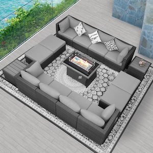 Luxury Gray 15-Piece 12-Seats Wicker Patio Fire Pit Sofa Set with Light Gray Cushions Ottomans and Coffee Tables