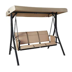 Brenda 3-Person Powder Coated Steel Gray Frame Patio Swing with Beige Color Canopy and Textilence Seats