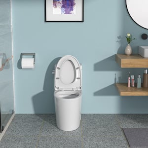 12 in. 1-Piece 1.28 GPF Single Flush Elongated Toilet in White-3 Seat Included with Wax Ring, Bolts, Side Caps
