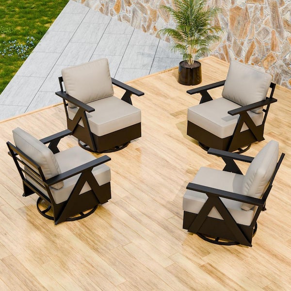 Modern Black Rust-Resistant Metal Frame Swivel Outdoor Rocking Chair with Beige Cushions (Set of 4)