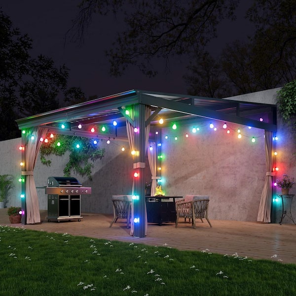 10 ft. x 12 ft. Black Aluminum Frame Wall-Mounted Galvanized Steel Hardtop Lean To Gazebo with Curtains and Netting