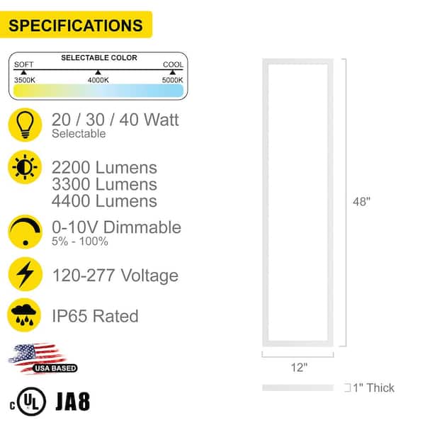 1 ft. x 4 ft. Integrated Backlit LED Panel, 3-Color Changing Temperatures Wattage Selectable, Dimmable IC Rated (4-Pack)