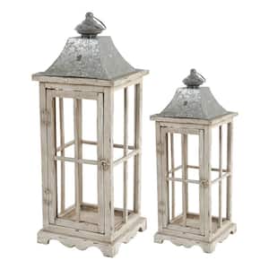 Wooden Candle Ivory Lanterns Candle Decorative Holder Set of 2 for Indoor Outdoor, Home Garden Wedding