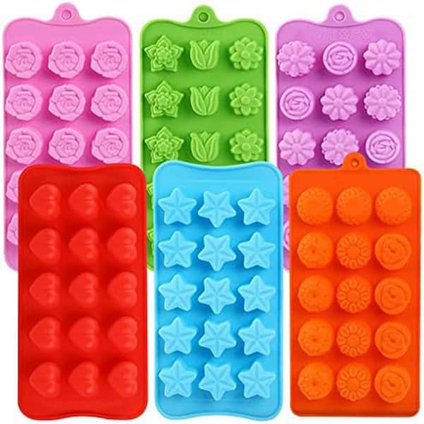 Flower Heart Rose Star Combination Silicone Molds Set Pink 15 Cavities Candy Baking Ice Cube Tray 6 Pieces