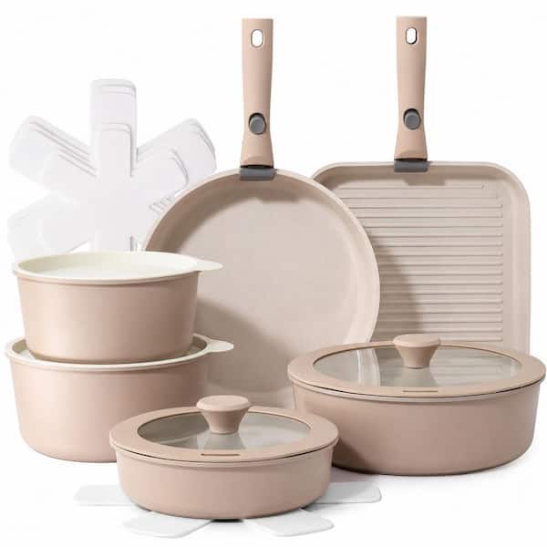 17 Piece Almond Beige Ceramic Nonstick Cookware Set Induction Safe Removable Handles Dishwasher Oven Safe