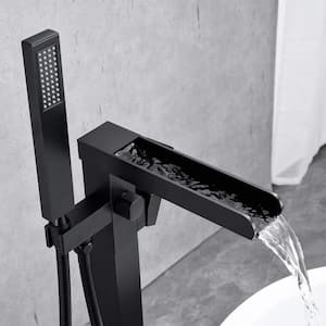 2-Handle Freestanding Waterfall Tub Faucet with Hand Shower in Matte Black