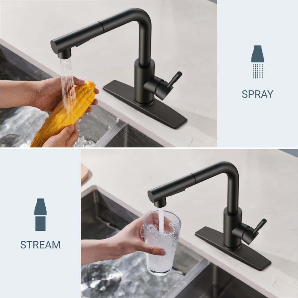Matte Black Stainless Steel Pull Down Kitchen Faucet with Soap Dispenser