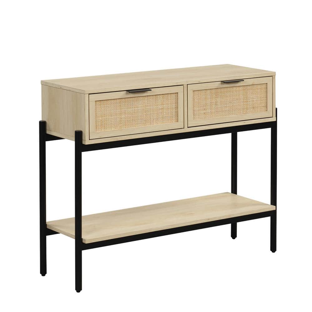 Light Oak and Black Rattan Console Table with Storage