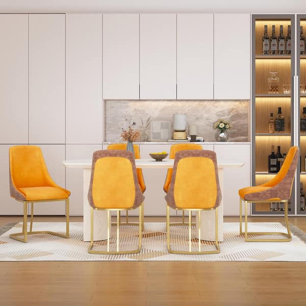 Boyel Living 7-Piece White MDF Counter Top Dining Table Set Seats 6 (1 Table & 6 PU Modern Dining Chairs in Orange)