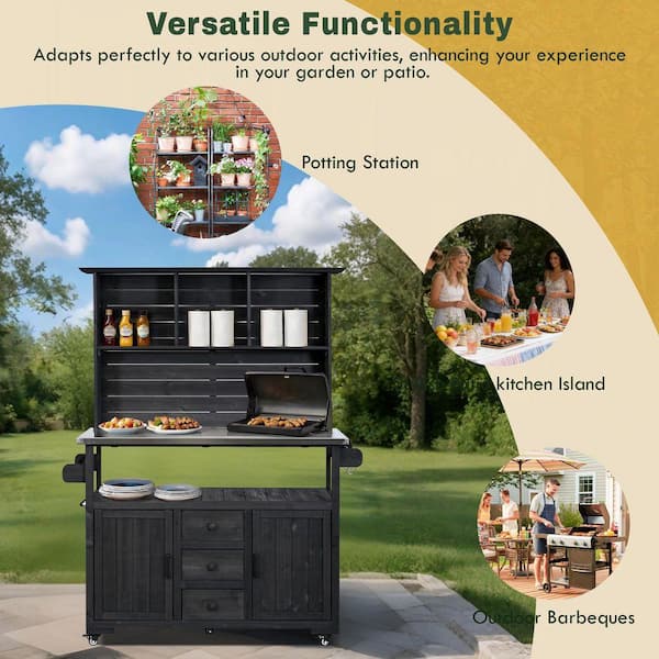 Black Wood 65 in. H 3-in-1 Garden Potting Bench Kitchen Island