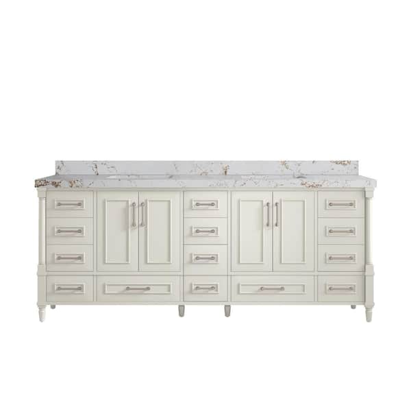 Willow Collections Hudson 84 in. Double Sink Freestanding Alabaster Bath Vanity with Viola Gold Quartz Top Unassembled