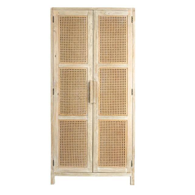 Front view of a natural wood accent cabinet with cane door panels.