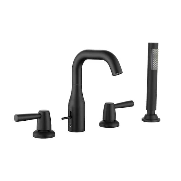 WELLFOR 3-Handle Deck-Mount Roman Tub Faucet with Hand Shower in Matte Black