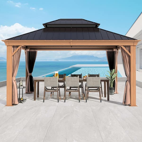 COVERONICS 12 ft. x 10 ft. Patio Aluminum Drainage Hardtop Gazebo, Double Roof Gazebos with Curtains and Netting for Backyard