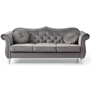 Hollywood 82 in. Round Arm Velvet Rectangle Tufted Straight Sofa in Gray