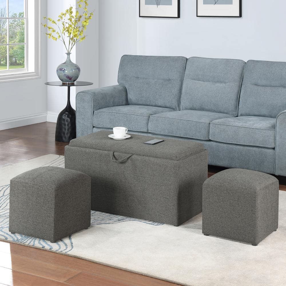 Elegant Gray Storage Bench with Reversible Tray and Side Ottomans