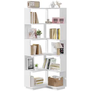 Jannelly 65 in. White Engineered Wood 6-Shelf Corner Standard Bookcase Bookshelf with Anti-Drop Panel