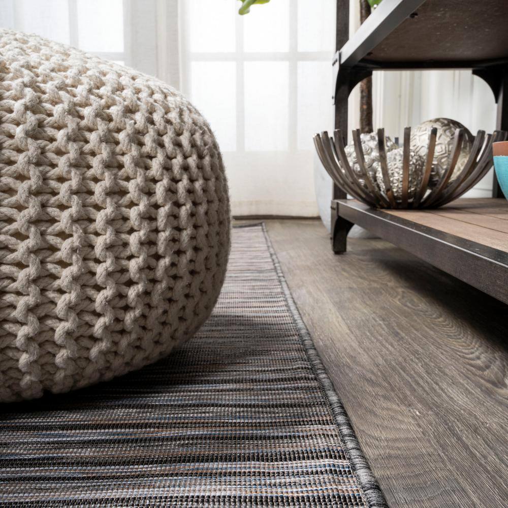 Finn Dark Gray and Blue Striped Synthetic 4' x 6' Area Rug