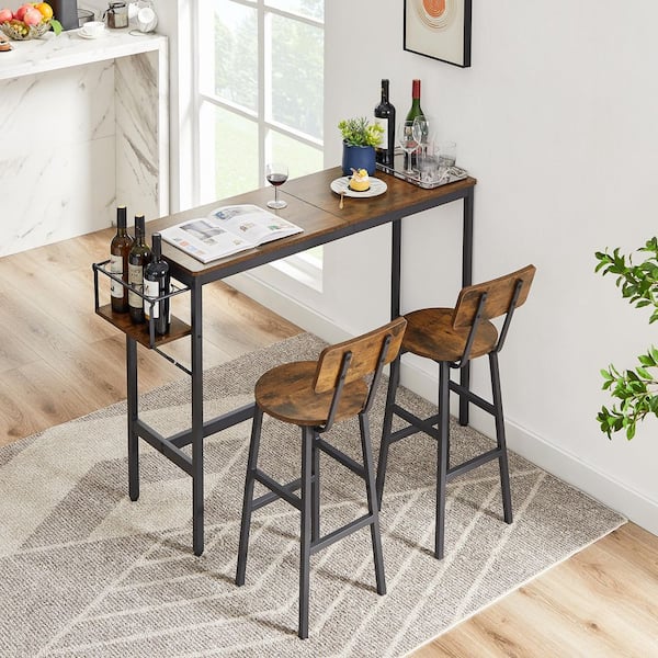 3-Piece Brown wood Top Bar Table Set with 2 Bar Stools