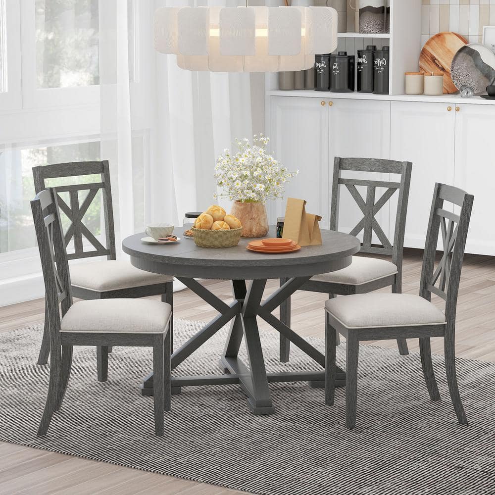 Harper & Bright Designs 5-Piece Gray Round Extendable Wood Dining Table ...