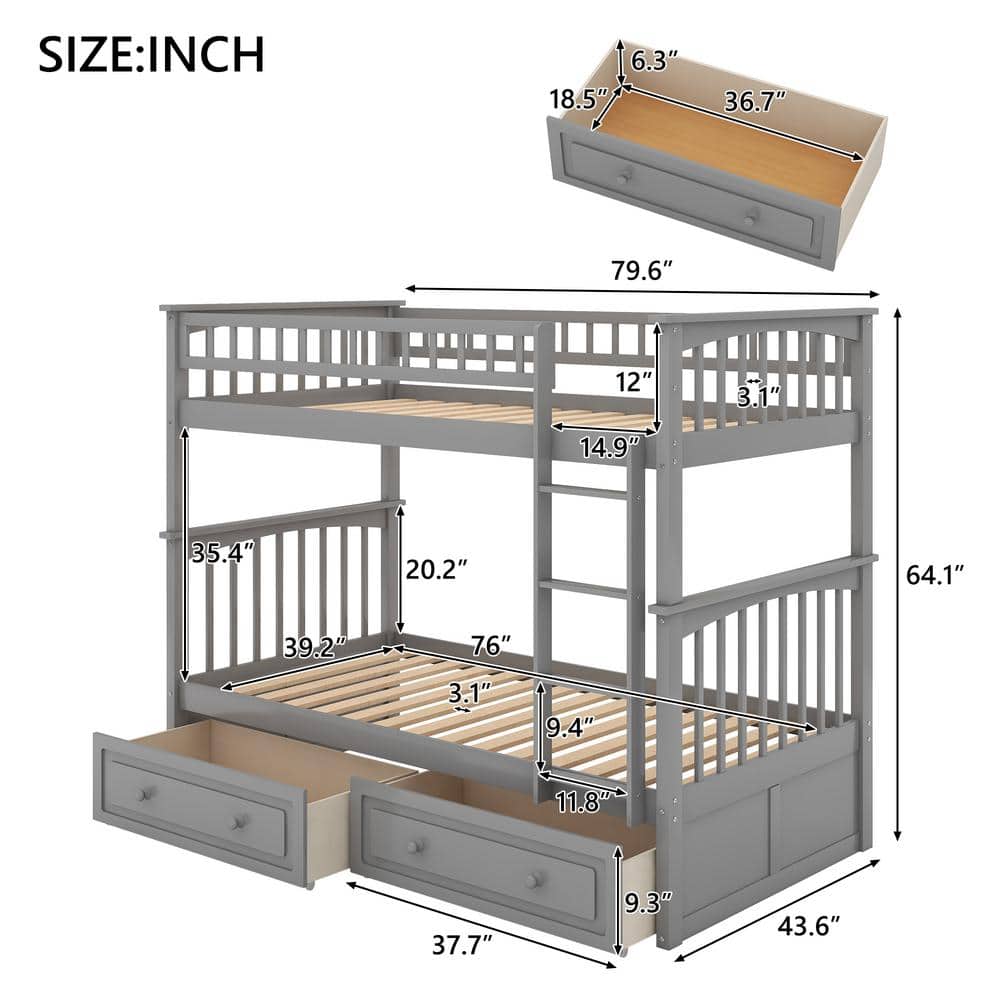 Harper & Bright Designs Gray Twin Size Wood Bunk Bed With 2-Drawers ...