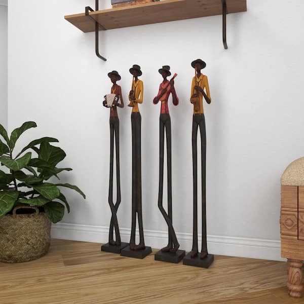 Litton Lane Brown Polystone Tall Long Legged Jazz Band Musician Sculpture with Black Base Stand (Set of 4)