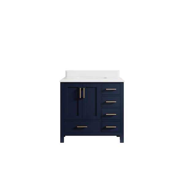Willow Collections Malibu 36 in. W x 22 in. D x 36 in. H Single Sink Bath Vanity Center in Navy Blue with Cove Edge White Quartz Top