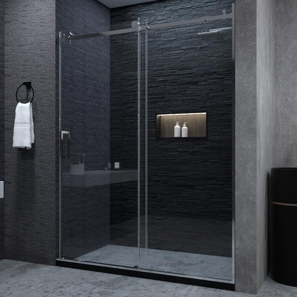 niveal Essen 60 in. W x 76 in. H Sliding Semi-Frameless Shower Door in Chrome Finish with Clear Glass