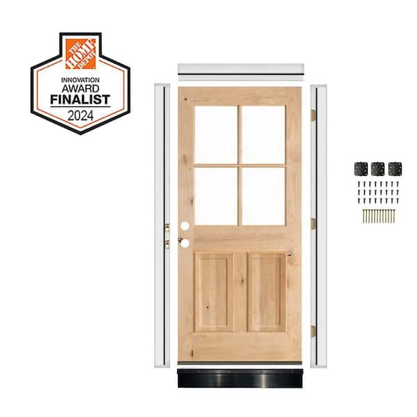 36 in. x 80 in. Right-Hand 4-Lite Clear Glass Unfinished Knotty Alder Wood Front Door Kit w/ Quick Assemble Jamb