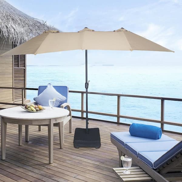 Flynama 15 ft. Steel Patio Market Umbrella with Base in Tan