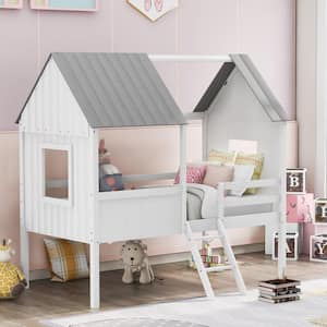 White Twin Size Wood Low House Loft Bed with Gray Roof, 2-Side Windows, Mini Ladder