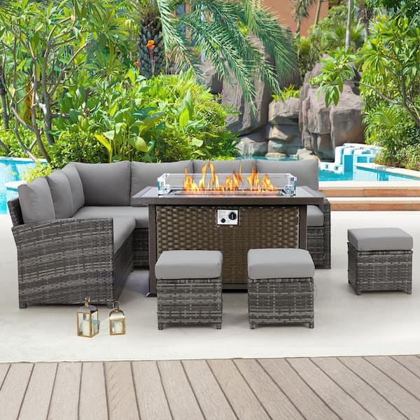 AECOJOY Brown 7-Piece Wicker Outdoor Patio Fire Pit Set with Gray Cushions