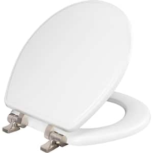 Weston Round Soft Close Enameled Wood Closed Front Toilet Seat in White Never Loosens Brushed Nickel Metal Hinge