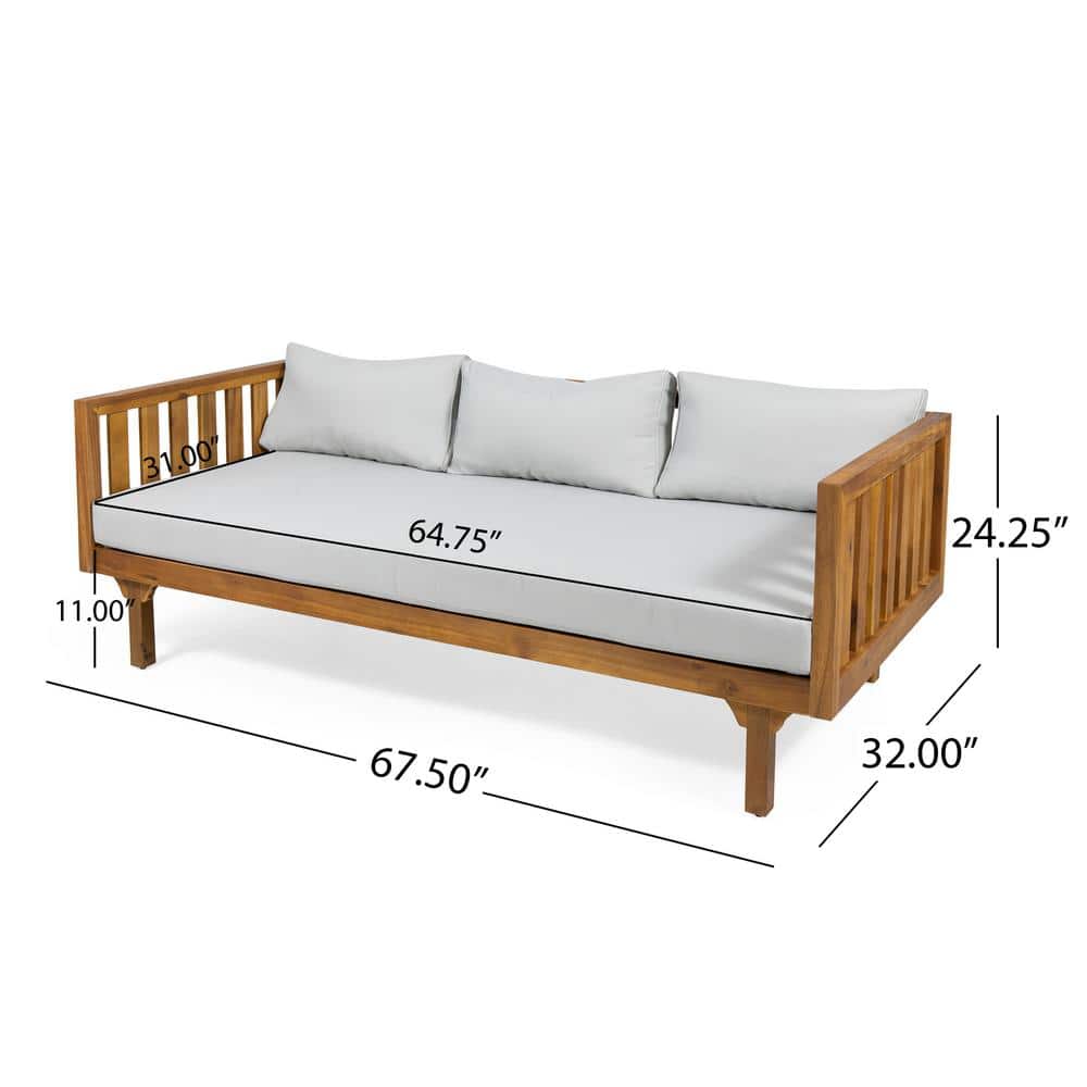 Teak Brown Acacia Wood Daybed with Light Gray Cushions
