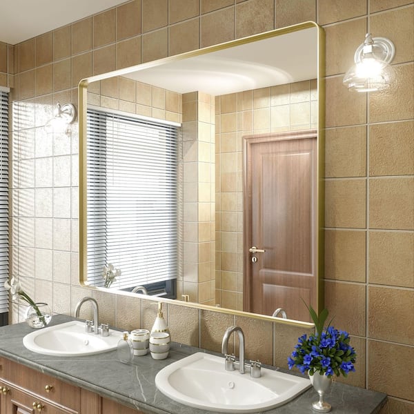 Apmir 48 in. W x 40 in. H Rectangular Aluminum Alloy Framed and Tempered Glass Wall Bathroom Vanity Mirror in Brushed Gold