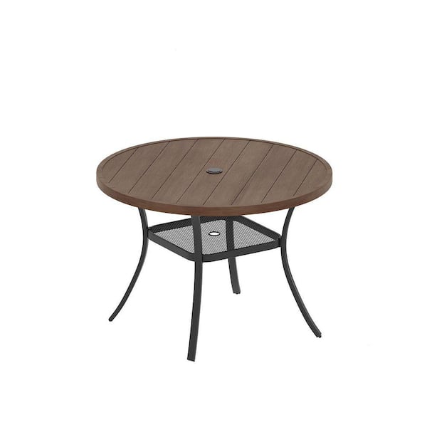41.7 in. Round Metal Outdoor Dining Table, Patio Table with Umbrella Hole and Storage Shelf for Garden Backyard, Walnut