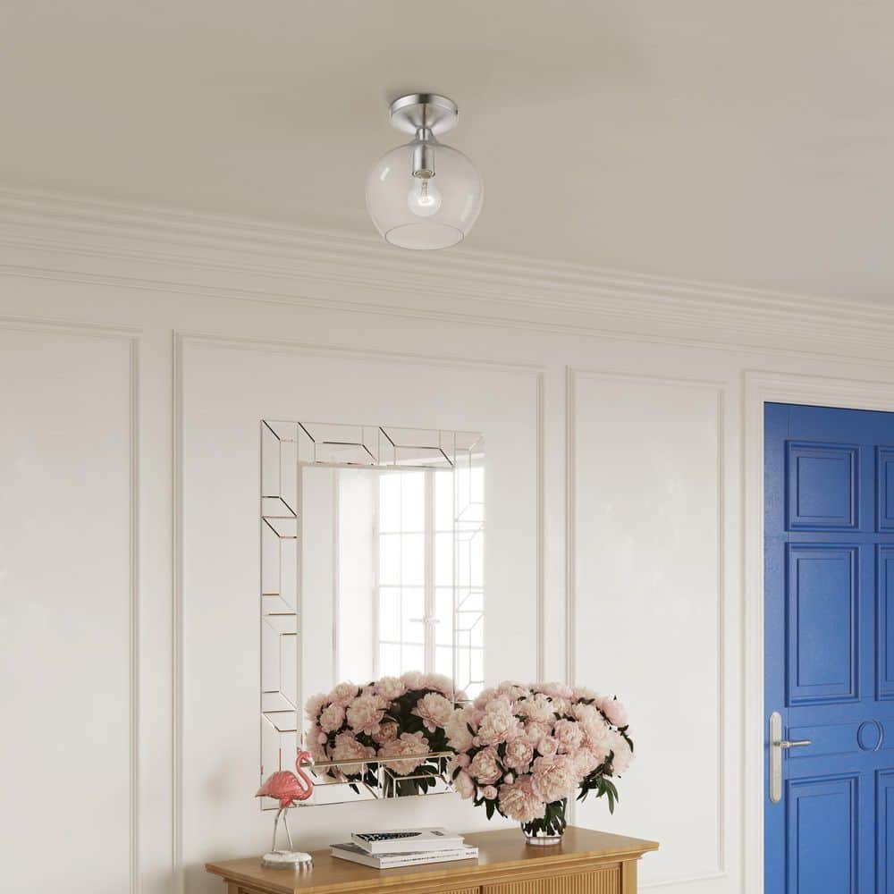 Brushed Nickel 1-Light Semi-Flush Mount with Clear Glass Shade