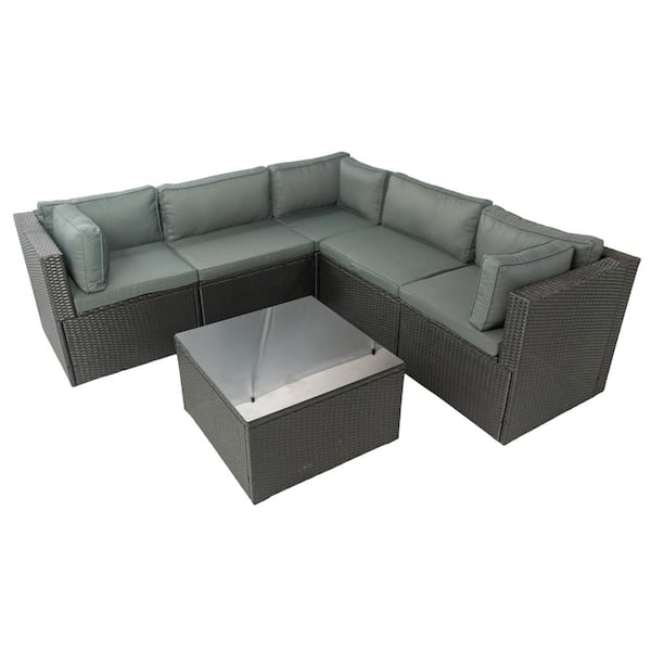maocao hoom Black 6-Pieces Wicker Patio Conversation Set with Dark Gray Cushions