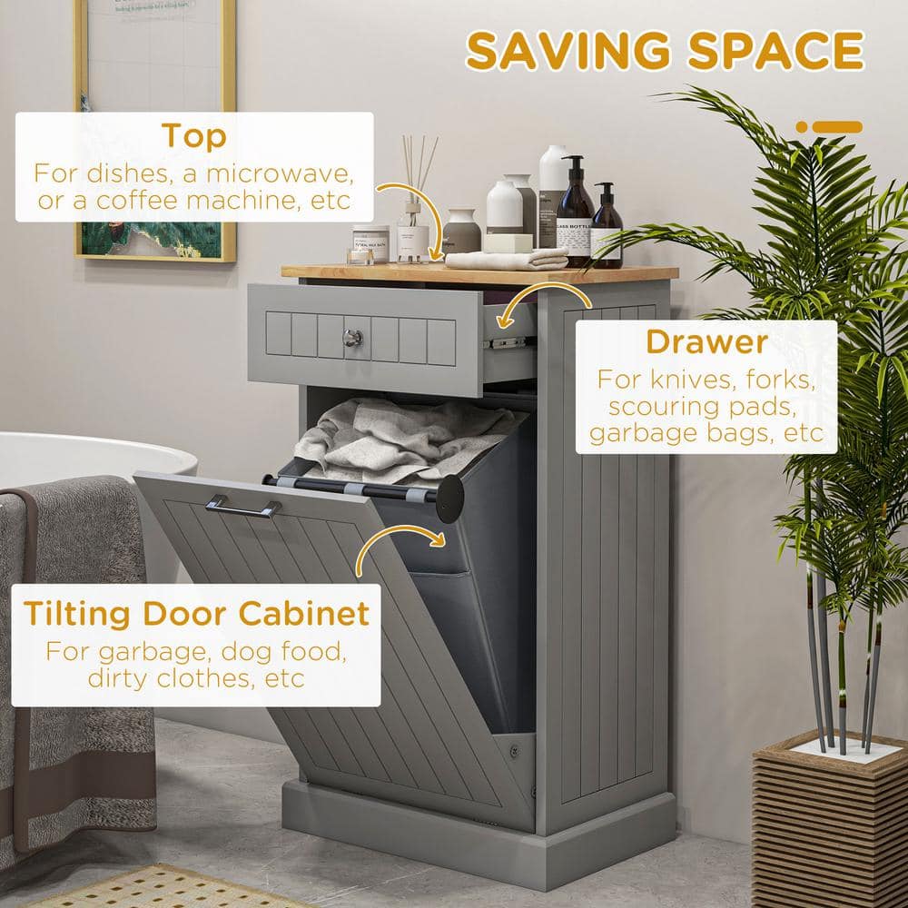 Gray Oak Kitchen Tilt Out Trash Bin Cabinet with Drawer