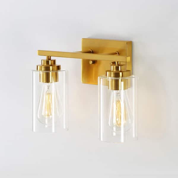 KAWOTI 13 in. 2-Light Antique Brass Vanity Light with Clear Glass Shade
