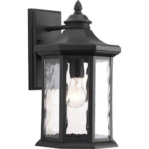 Edition Collection 1-Light Textured Black Clear Water Glass Traditional Outdoor Large Wall Lantern Light