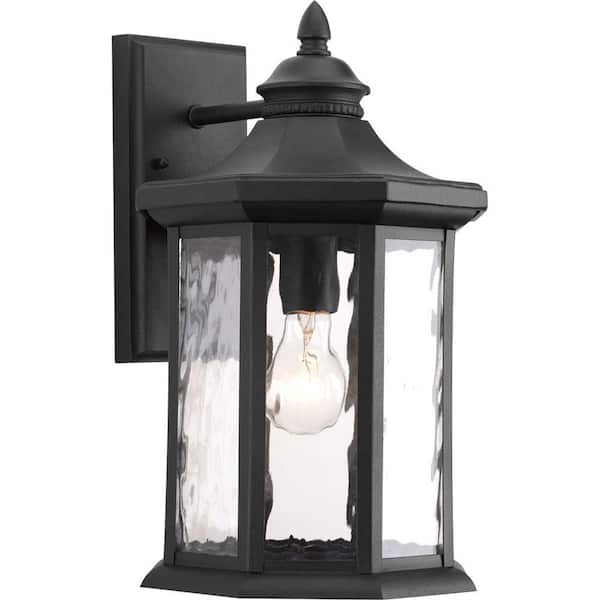 Progress Lighting Edition Collection 1-Light Textured Black Clear Water Glass Traditional Outdoor Large Wall Lantern Light