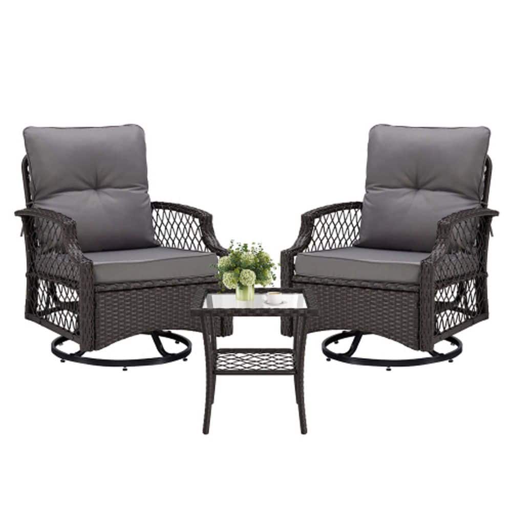 3-Piece Gray Wicker Patio Conversation Set with Gray Cushions Outdoor Swivel Glider with Side Table price history on PriceWatchPro