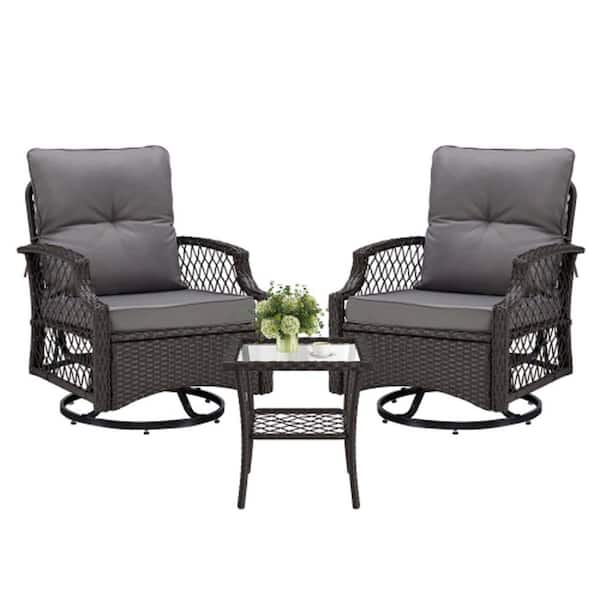 3-Piece Gray Wicker Patio Conversation Set with Gray Cushions Outdoor Swivel Glider with Side Table
