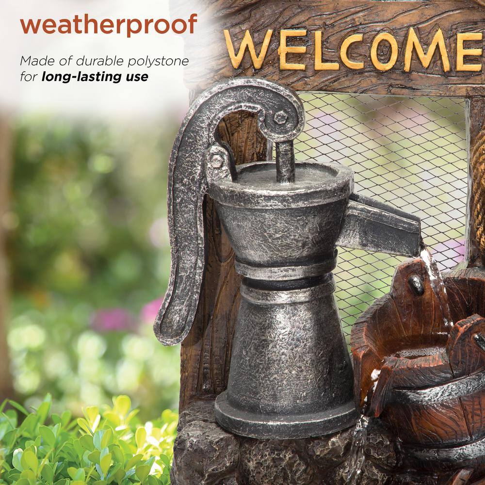 24" Rustic Brown Polyresin Barrel Fountain with Welcome Sign