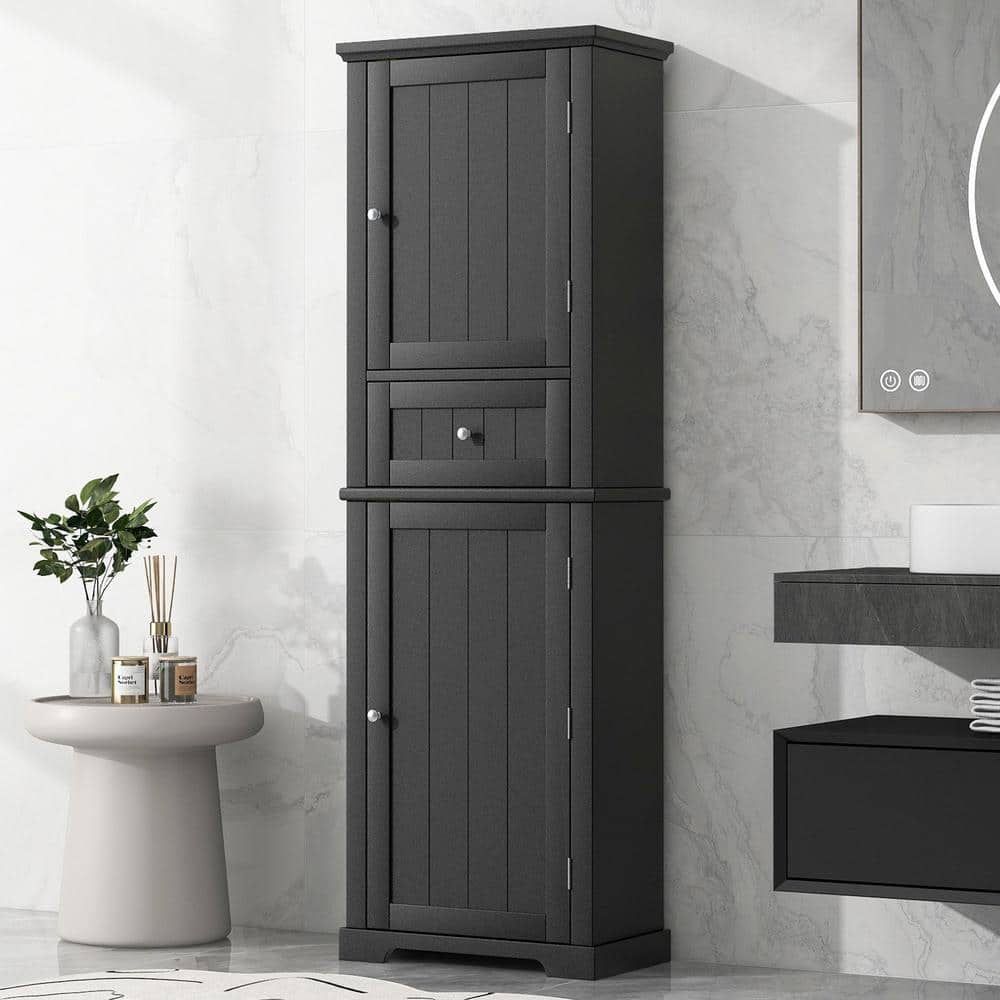 22 in. W x 11 in. D x 67.3 in. H Black MDF Freestanding Tall Linen Cabinet 